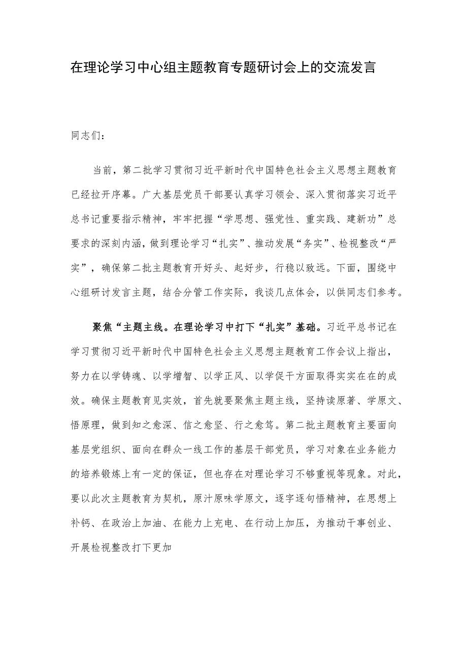 在理论学习中心组主题教育专题研讨会上的交流发言.docx_第1页