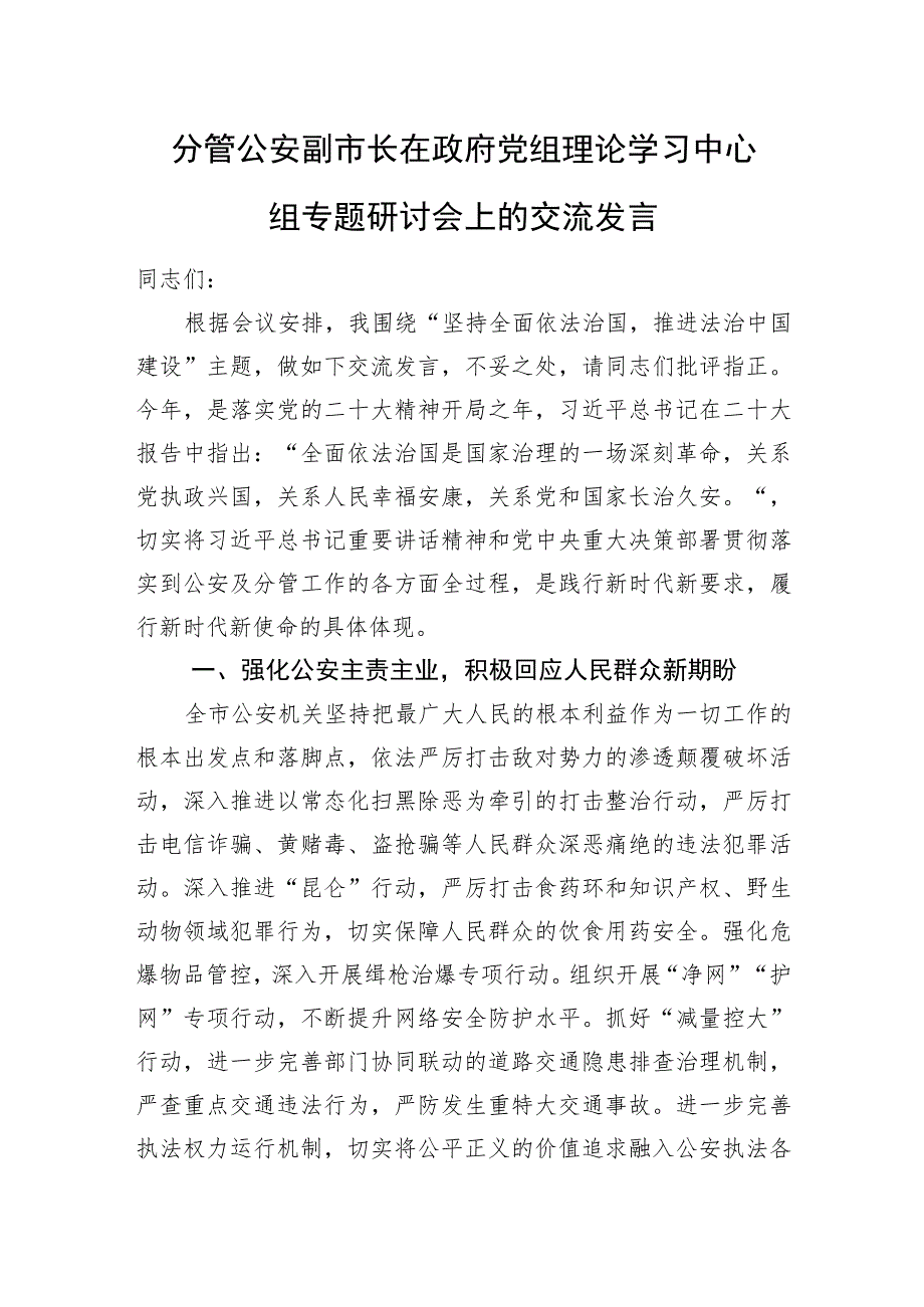 分管公安副市长在政府党组理论学习中心组专题研讨会上的交流发言.docx_第1页