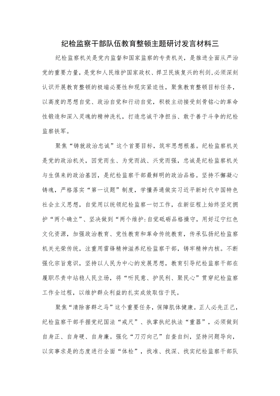 纪检监察干部队伍教育整顿主题研讨发言材料三.docx_第1页