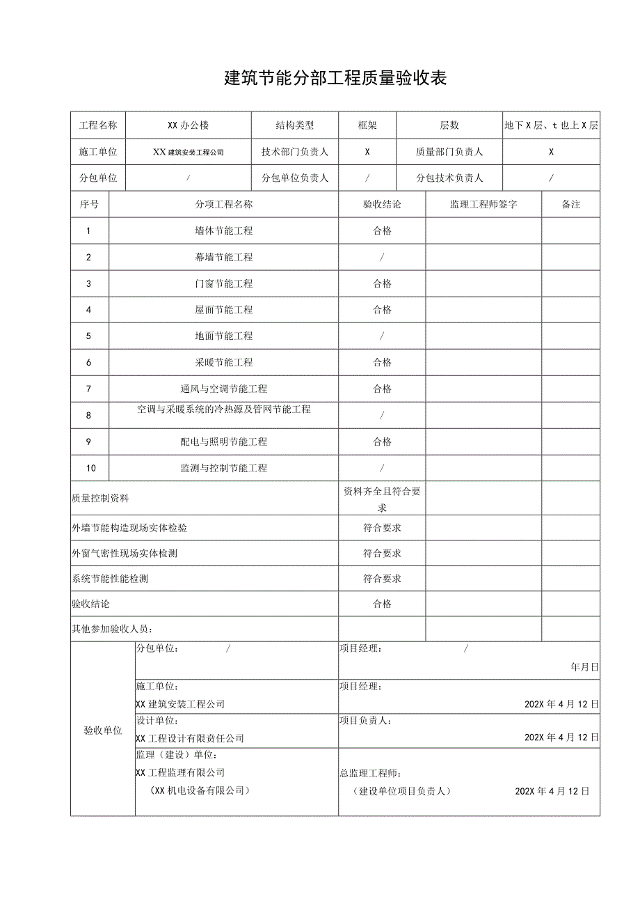 XX机电设备有限公司建筑节能分部工程质量验收表.docx_第1页