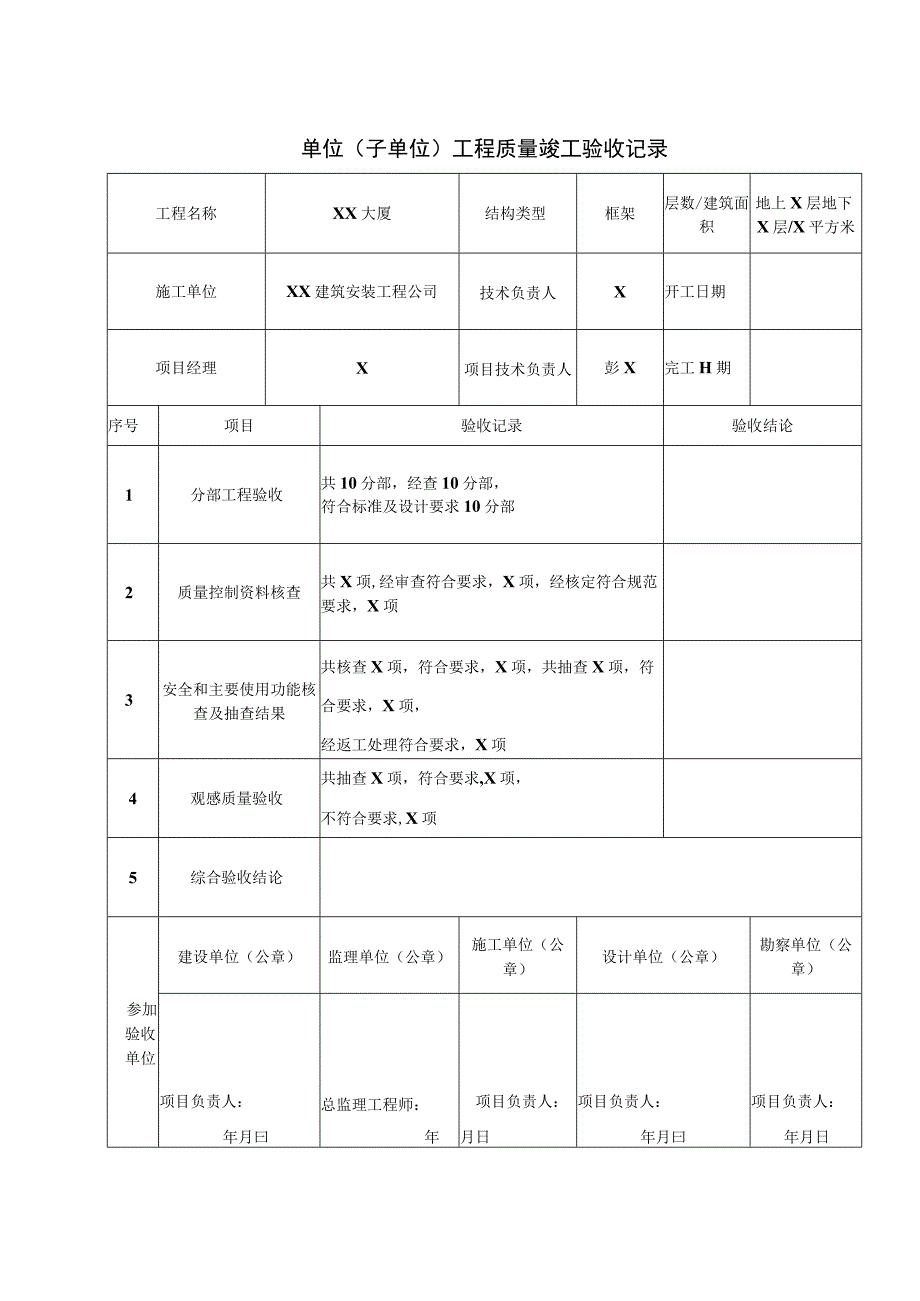 XX机电设备有限公司单位XX大厦工程质量竣工验收记录（2023年）.docx_第1页