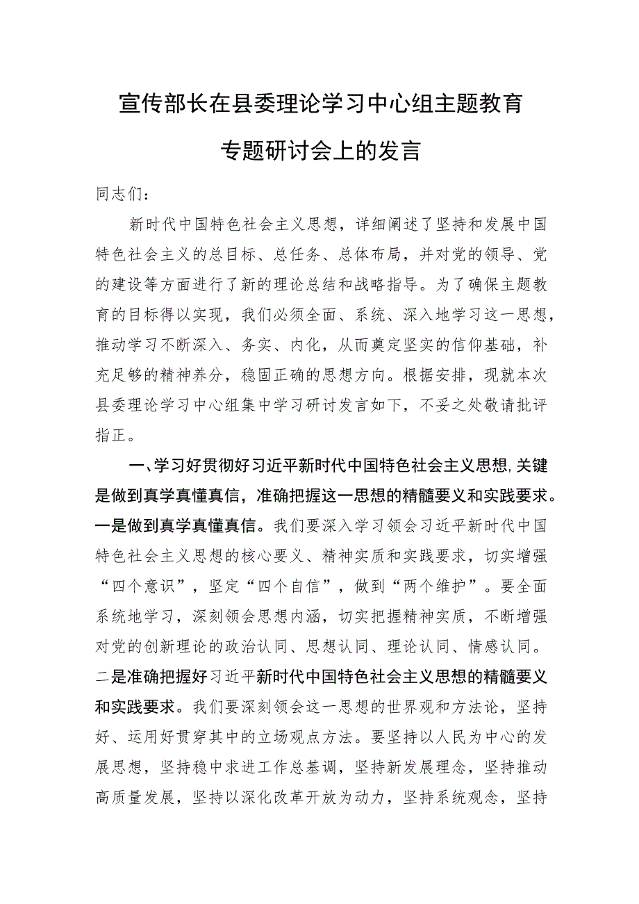 宣传部长在县委理论学习中心组主题教育专题研讨会上的发言.docx_第1页