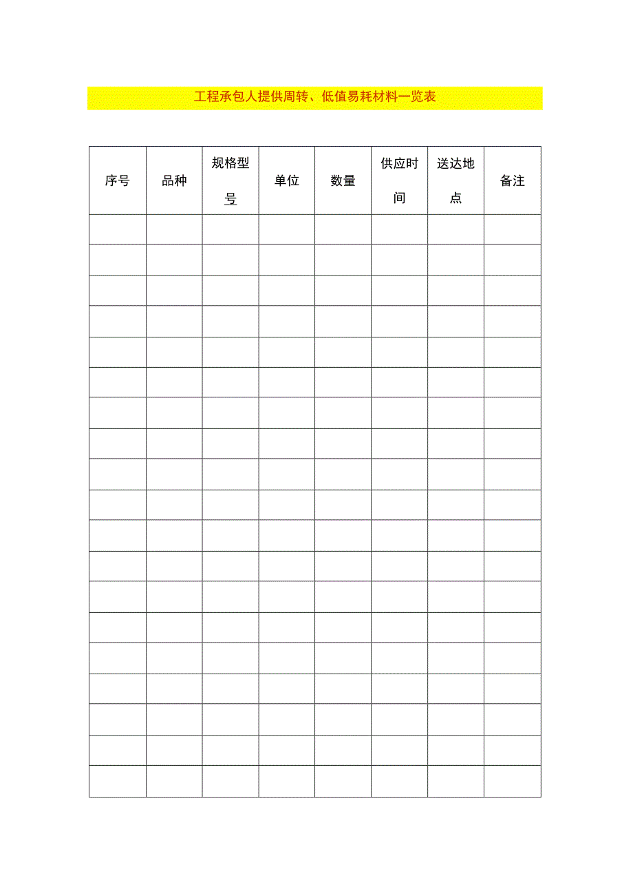 工程承包人提供周转、低值易耗材料一览表.docx_第1页