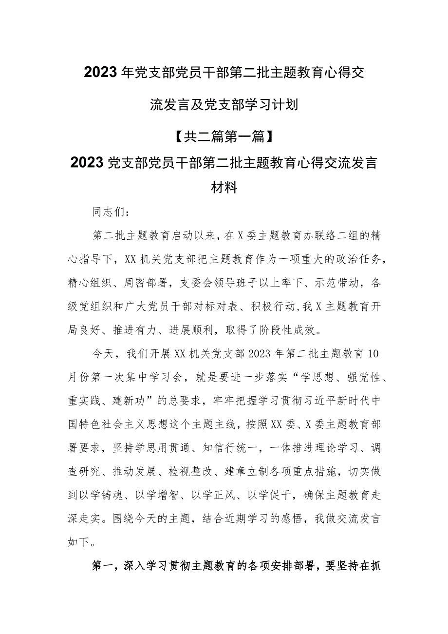 （2篇）2023年党支部党员干部第二批主题教育心得交流发言及党支部学习计划.docx_第1页