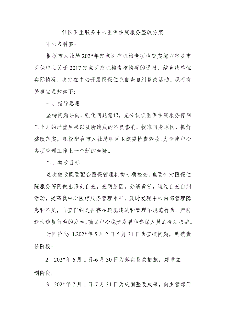 社区卫生服务中心医保住院服务整改方案.docx_第1页