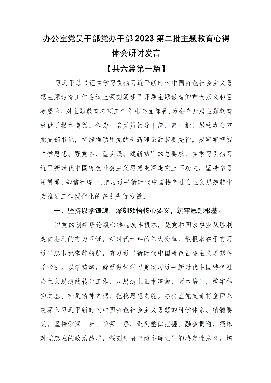 （6篇）办公室党员干部党办干部2023第二批主题教育心得体会研讨发言.docx_第1页