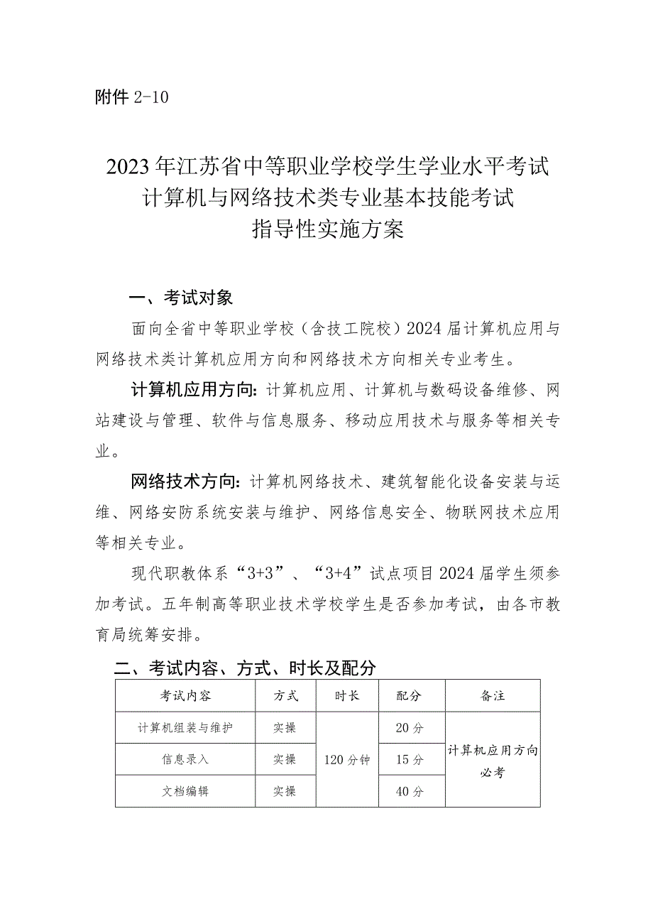 2023年江苏省中等职业学校学生学业水平考试计算机与网络技术类专业基本技能考试指导性实施方案.docx_第1页