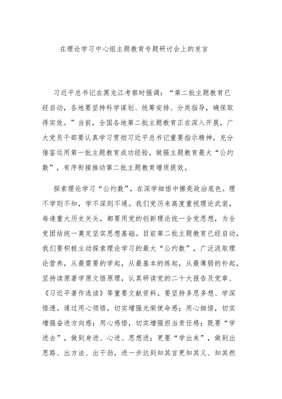 在理论学习中心组主题教育专题研讨会上的发言.docx_第1页