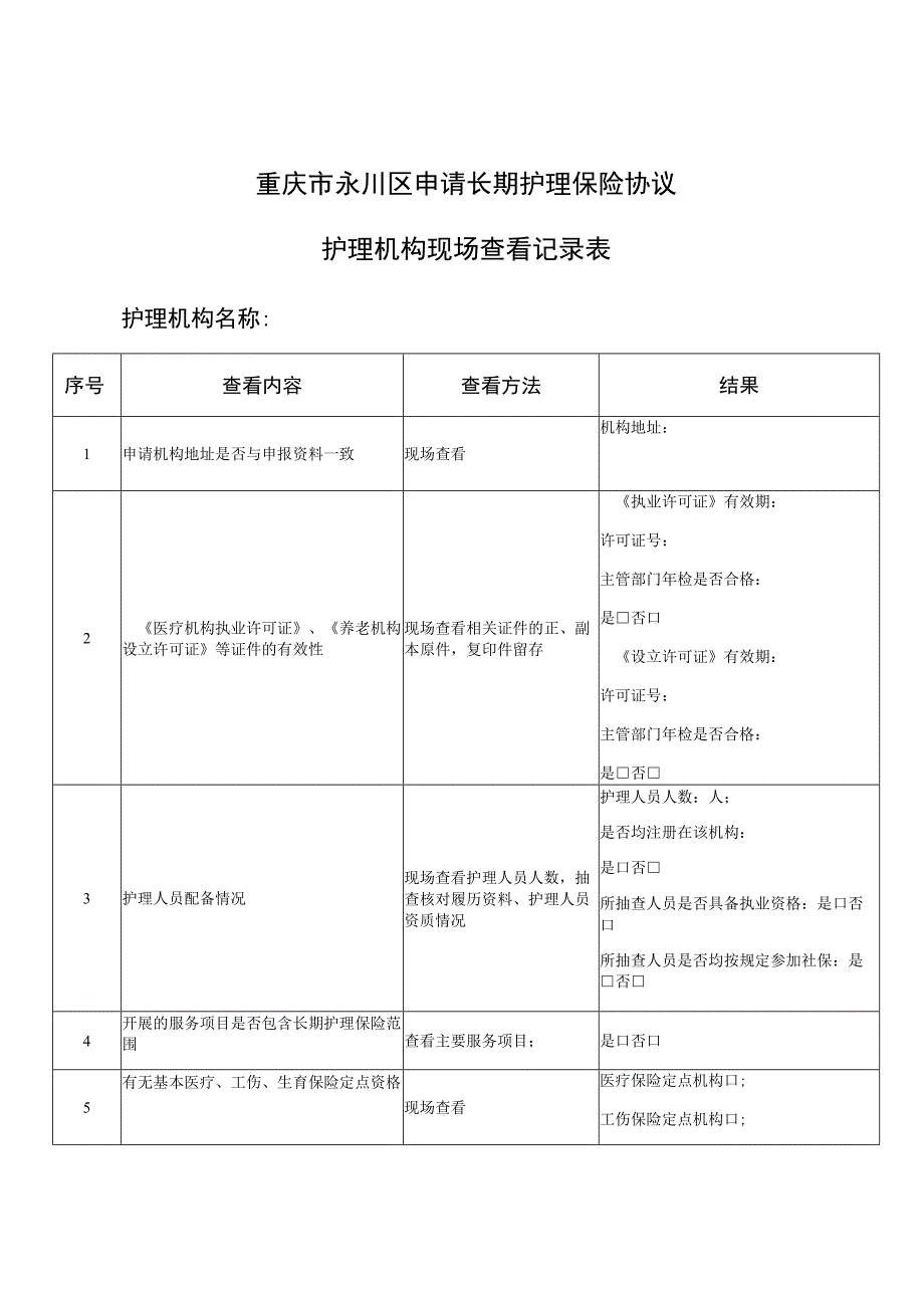 重庆市永川区申请长期护理保险协议护理机构现场查看记录表.docx_第1页