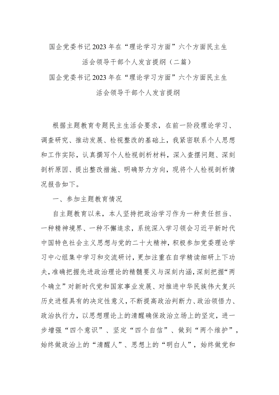 国企党委书记2023年在“理论学习方面”六个方面民主生活会领导干部个人发言提纲(二篇).docx_第1页