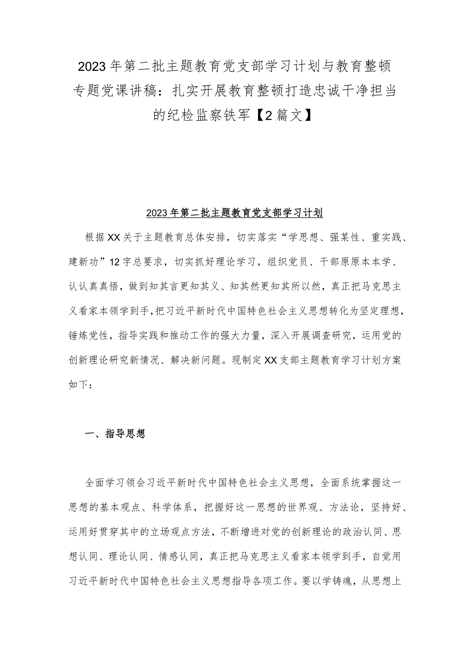 2023年第二批主题教育党支部学习计划与教育整顿专题党课讲稿：扎实开展教育整顿打造忠诚干净担当的纪检监察铁军【2篇文】.docx_第1页