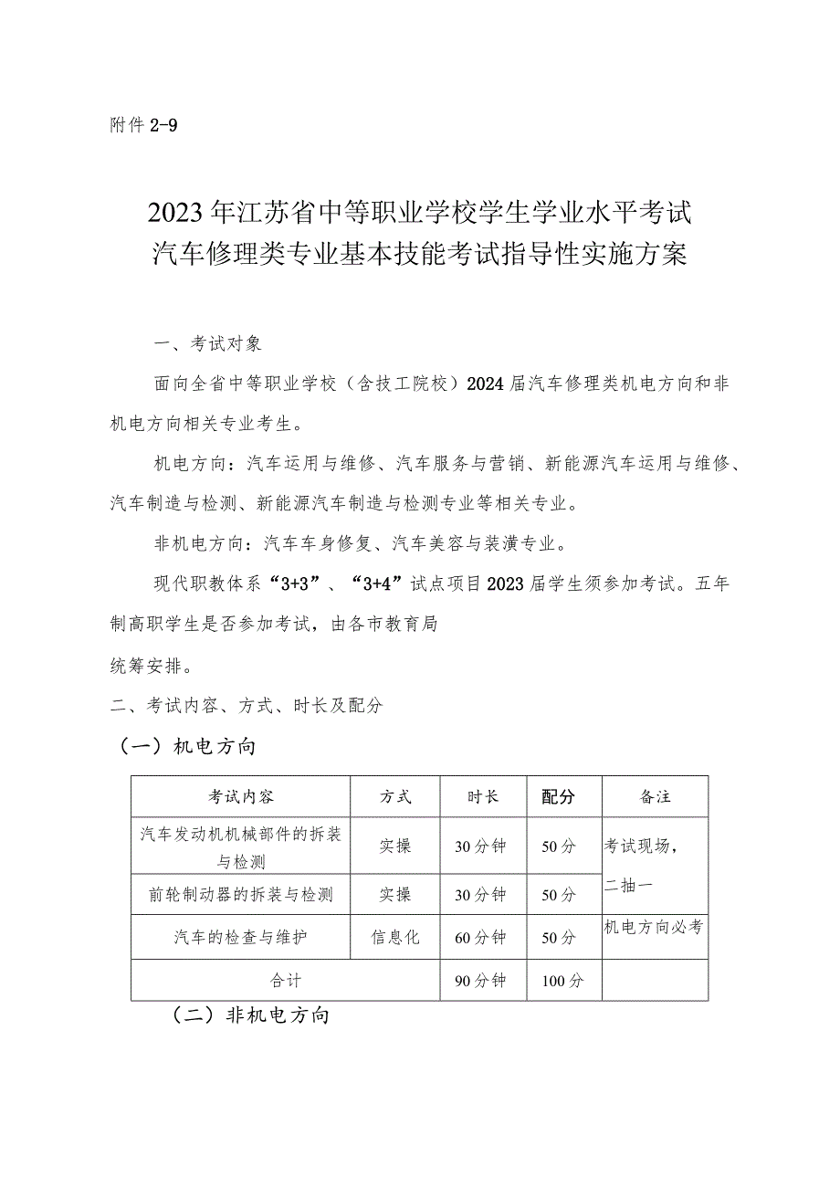 2023年江苏省中等职业学校学生学业水平考试汽车修理类专业基本技能考试指导性实施方案.docx_第1页