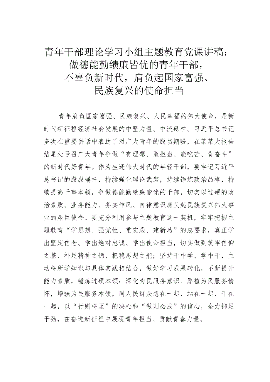 青年干部理论学习小组主题教育党课讲稿：做德能勤绩廉皆优的青年干部不辜负新时代肩负起国家富强、民族复兴的使命担当.docx_第1页