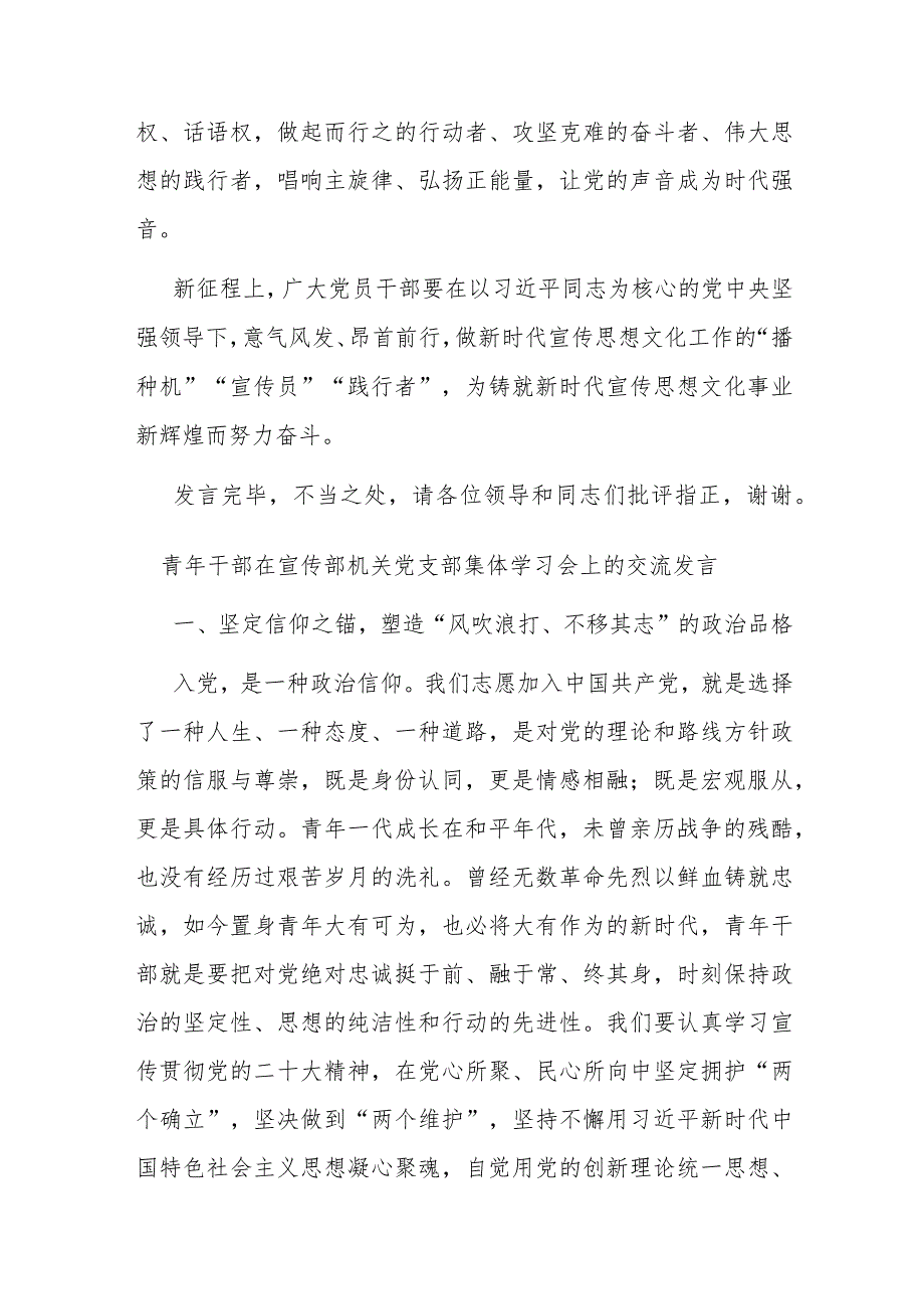 青年干部在宣传部机关党支部集体学习会上的交流发言二篇.docx_第3页