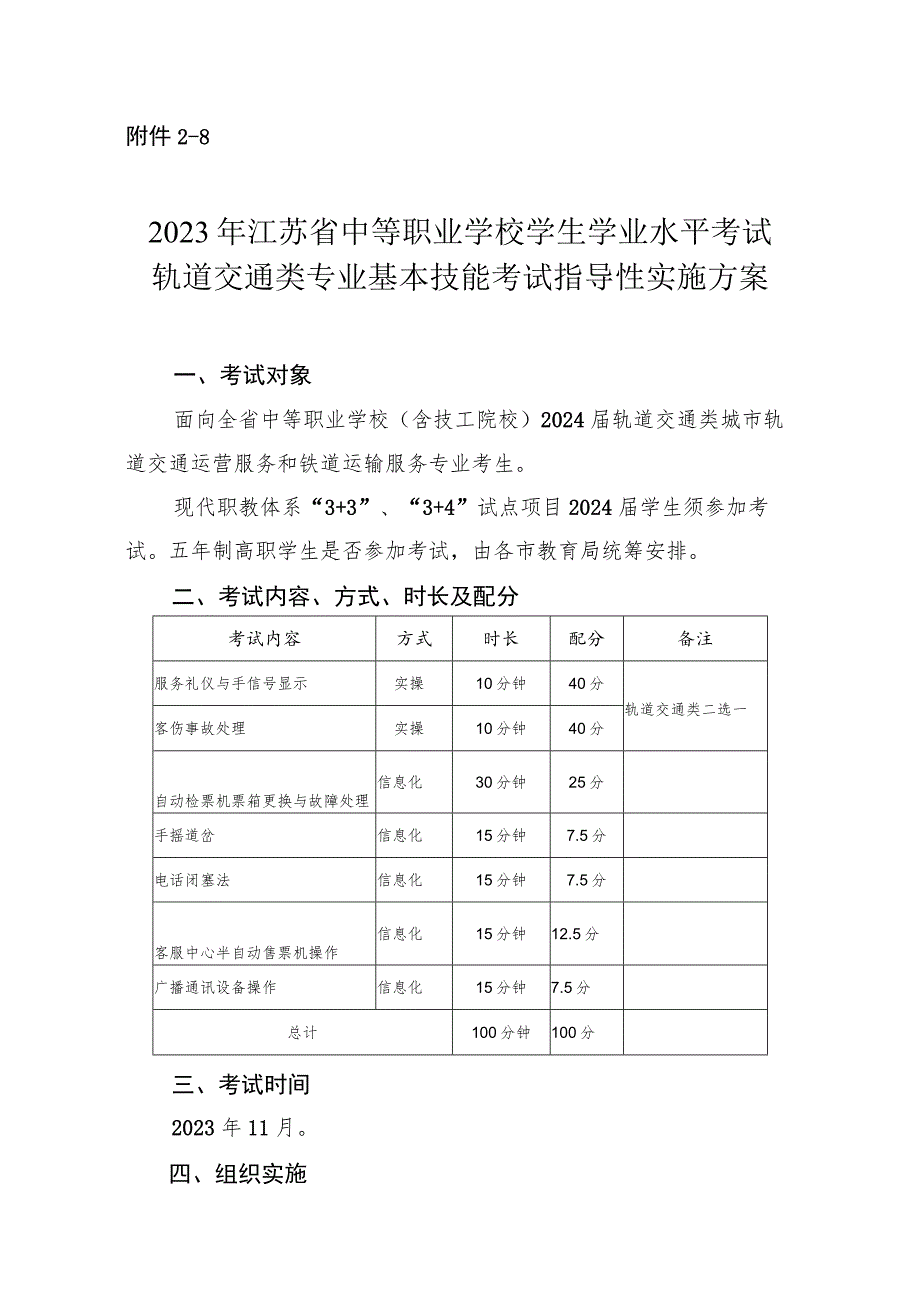 2023年江苏省中等职业学校学生学业水平考试轨道交通类专业基本技能考试指导性实施方案.docx_第1页