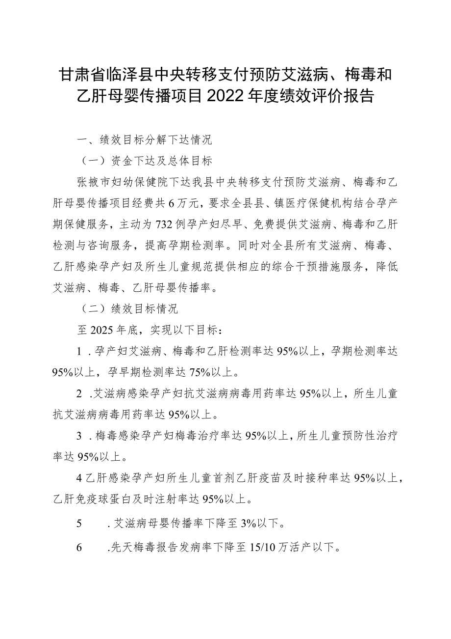 甘肃省临泽县中央转移支付预防艾滋病、梅毒和乙肝母婴传播项目2022年度绩效评价报告.docx_第1页