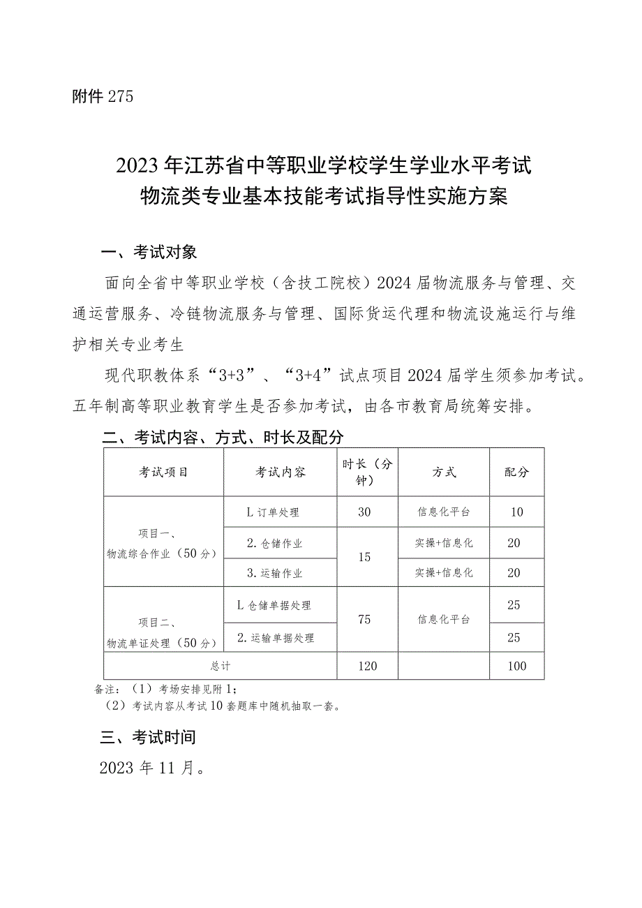 2023年江苏省中等职业学校学生学业水平考试物流类专业基本技能考试指导性实施方案.docx_第1页