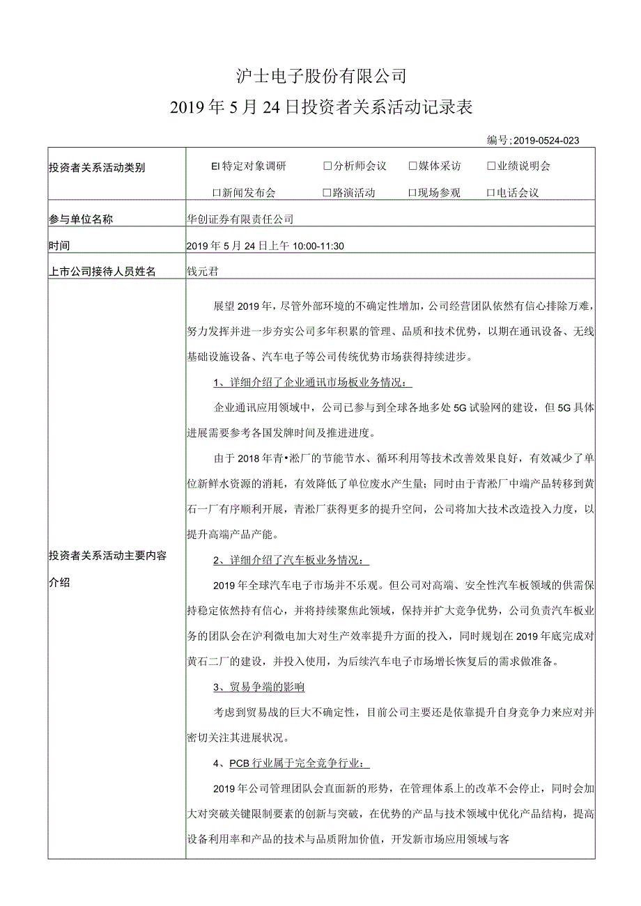 证券代码463证券简称沪电股份沪士电子股份有限公司2019年5月24日投资者关系活动记录表.docx_第1页