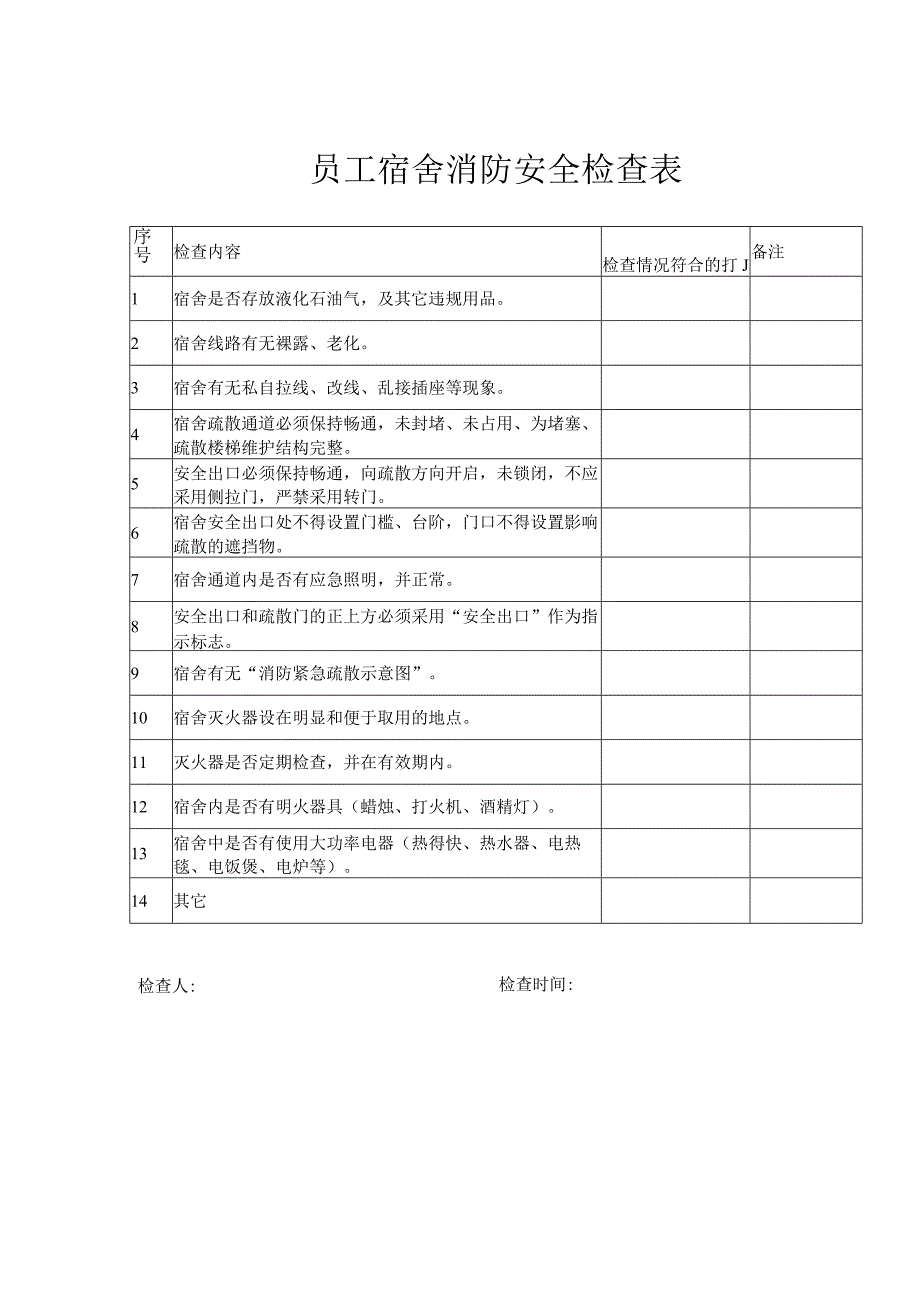 员工宿舍消防安全检查表.docx_第1页