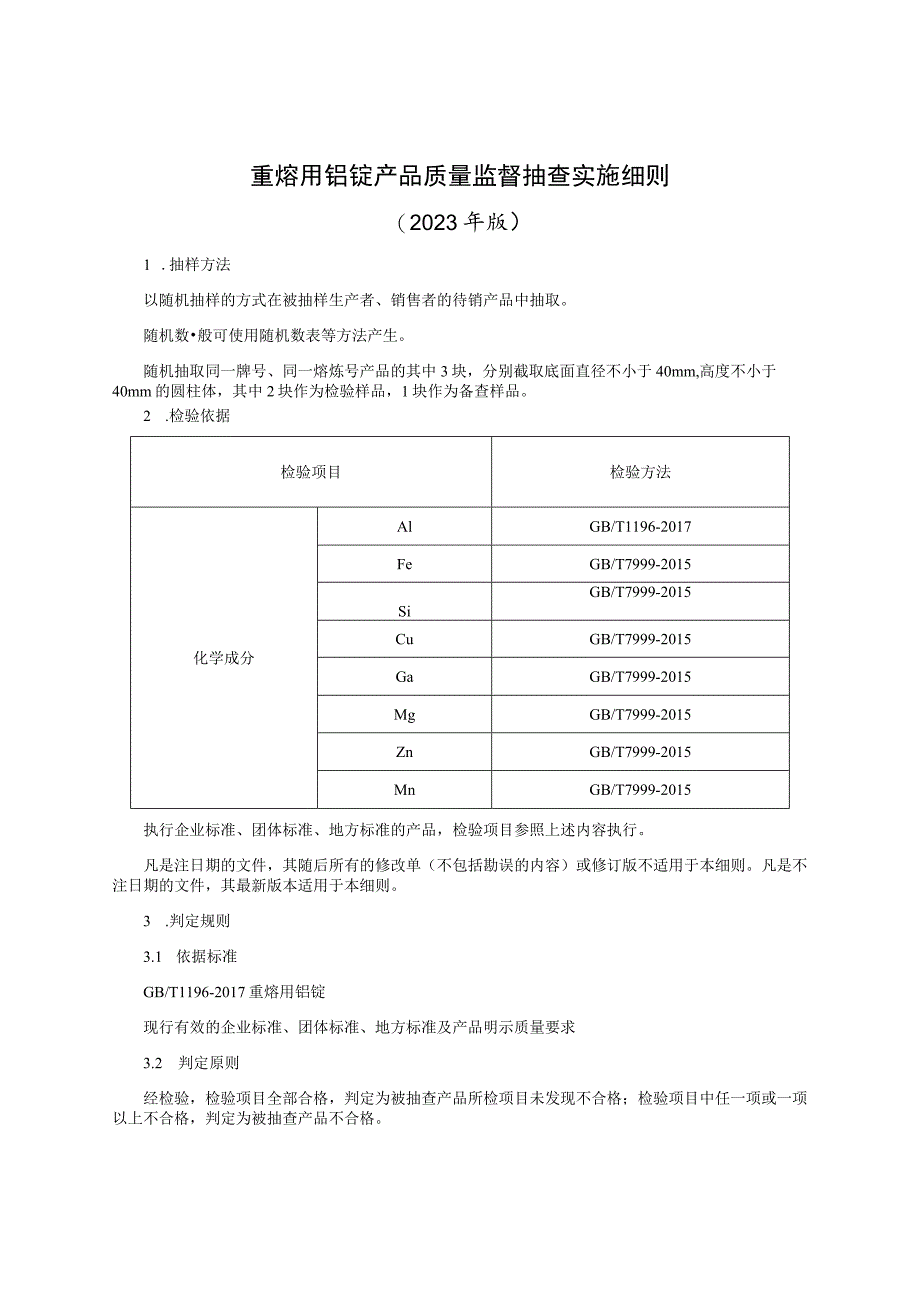 重熔用铝锭产品质量监督抽查实施细则（2023年版）.docx_第1页