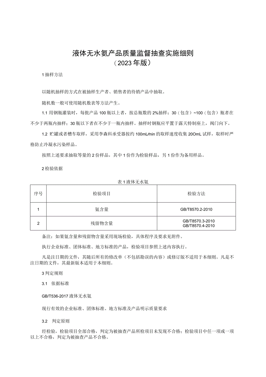 液体无水氨产品质量监督抽查实施细则（2023年版）.docx_第1页