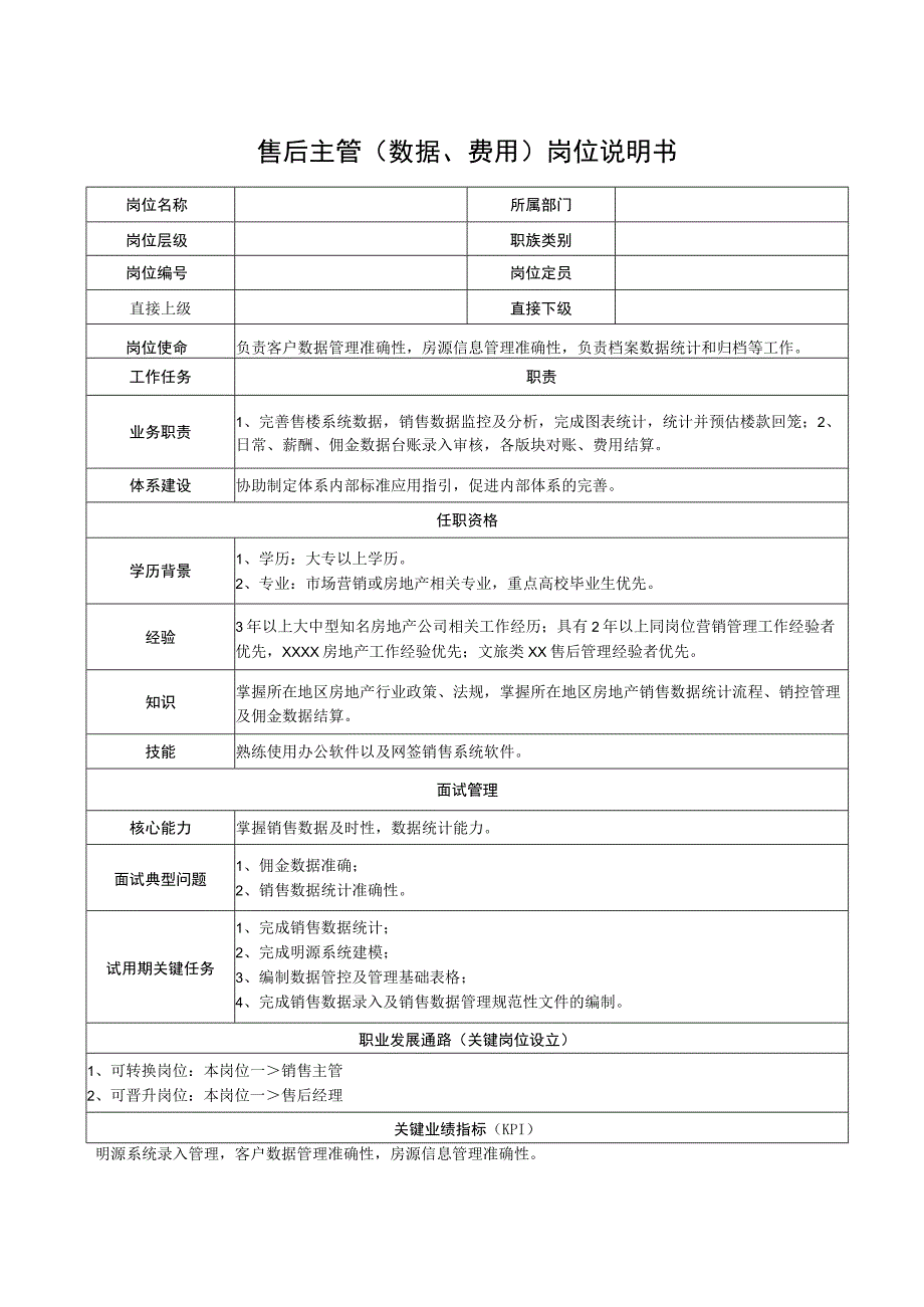 售后主管(数据、费用)岗位说明书.docx_第1页