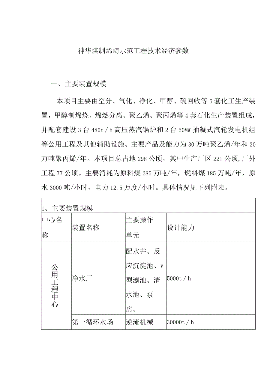 神华煤制烯烃示范工程技术经济参数.docx_第1页