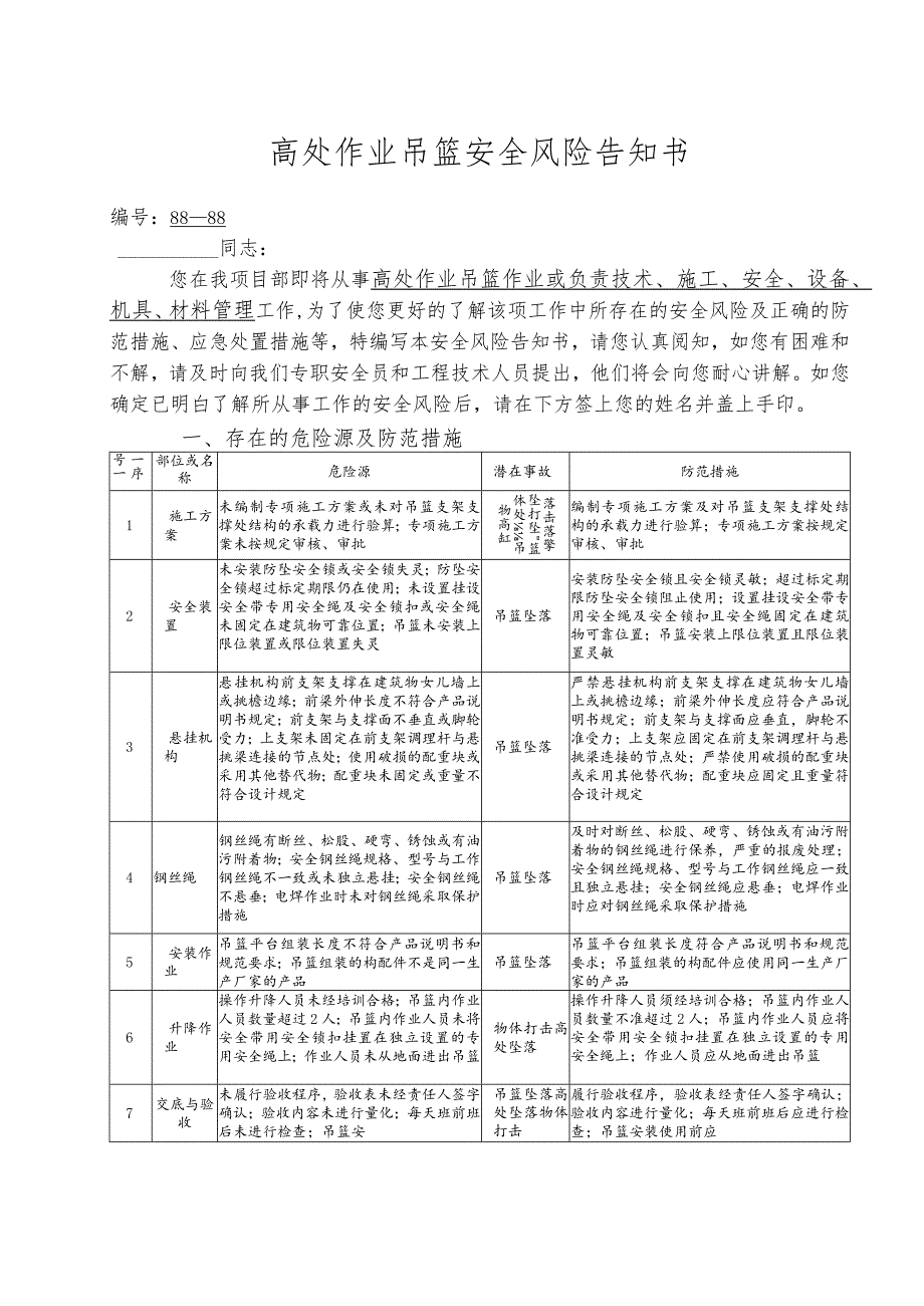 高处作业吊篮安全风险告知书.docx_第1页