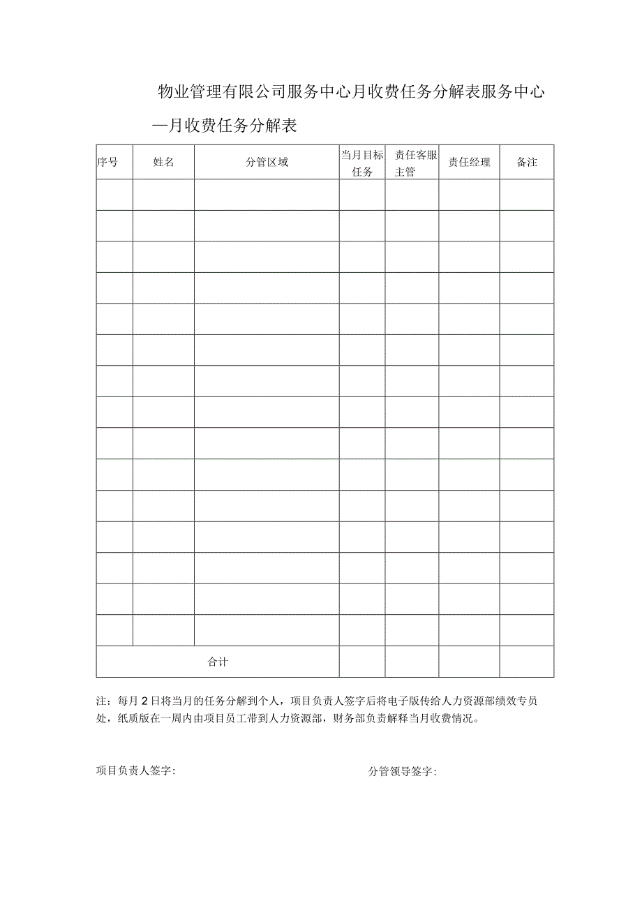 物业管理有限公司服务中心月收费任务分解表.docx_第1页