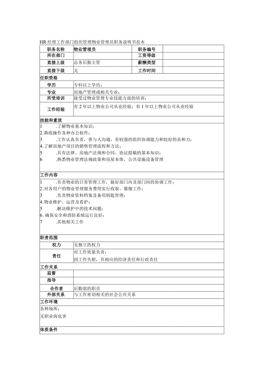 HR经理工作部门组织管理物业管理员职务说明书范本.docx_第1页