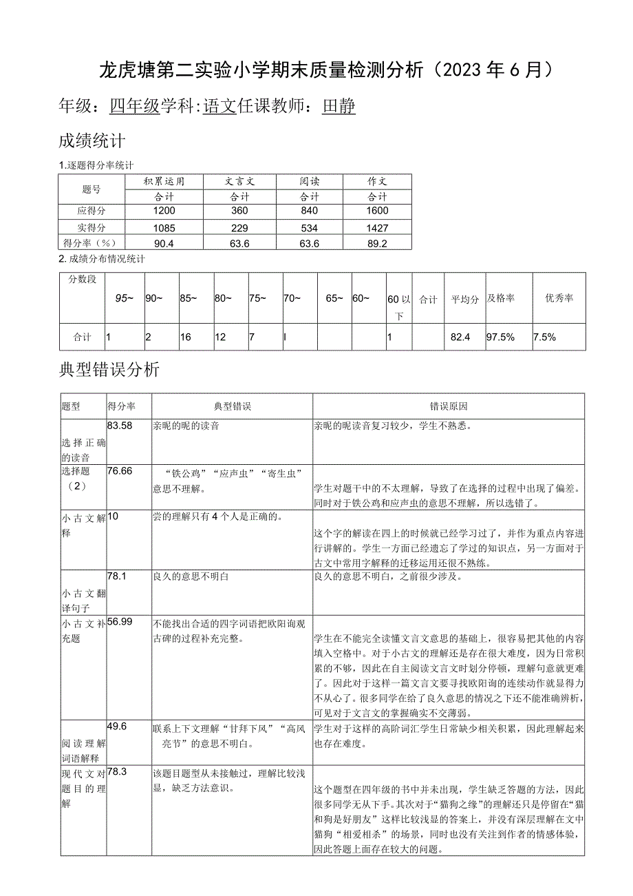 龙虎塘第二实验小学期末质量检测分析2023年6月.docx_第1页