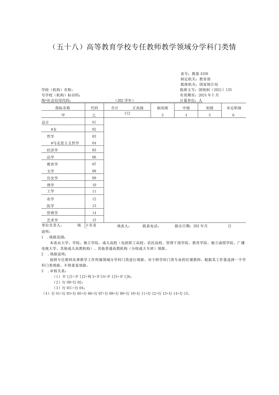 教基4358高等教育学校专任教师教学领域分学科门类情况.docx_第1页