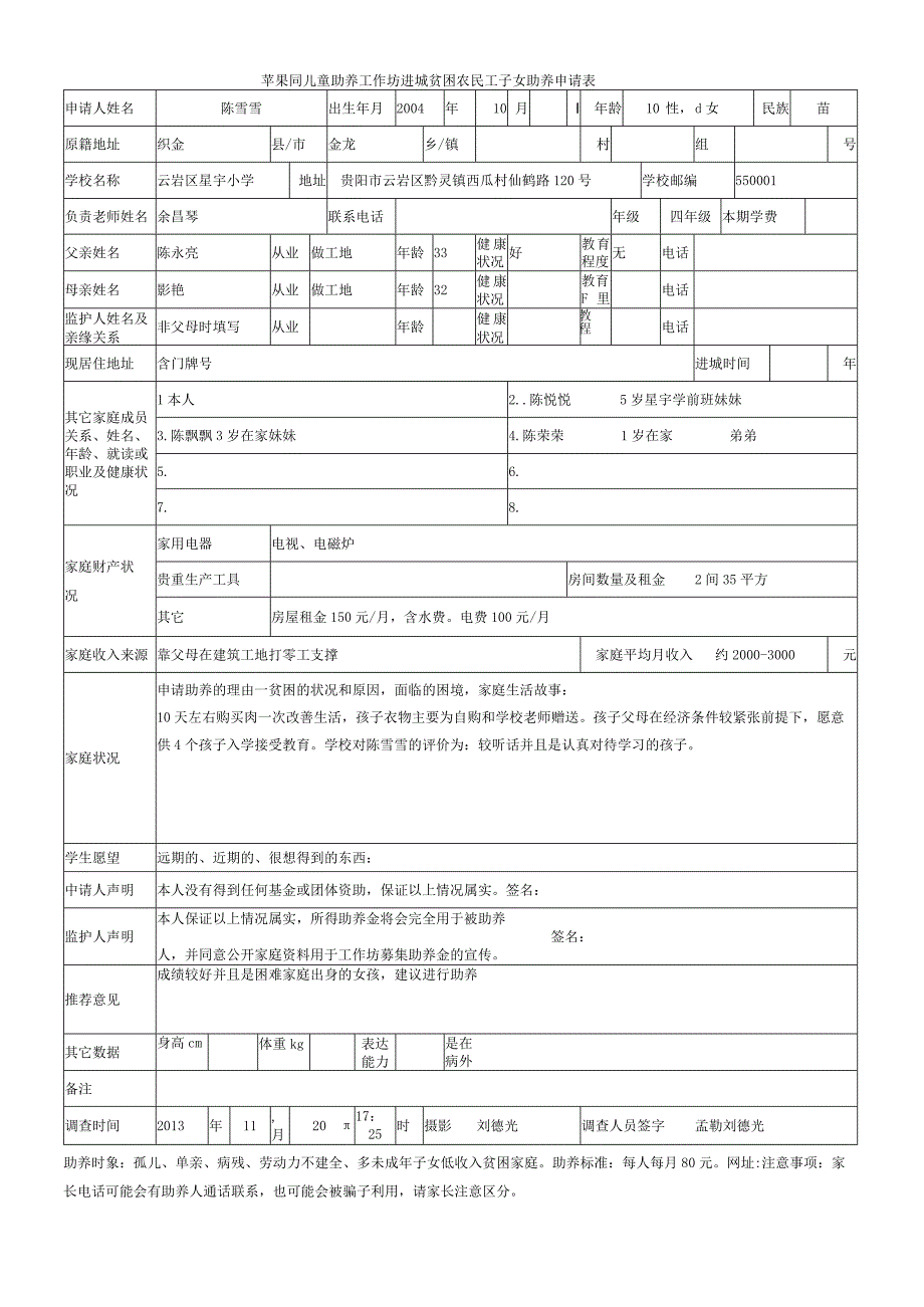 苹果园儿童助养工作坊进城贫困农民工子女助养申请表.docx_第1页