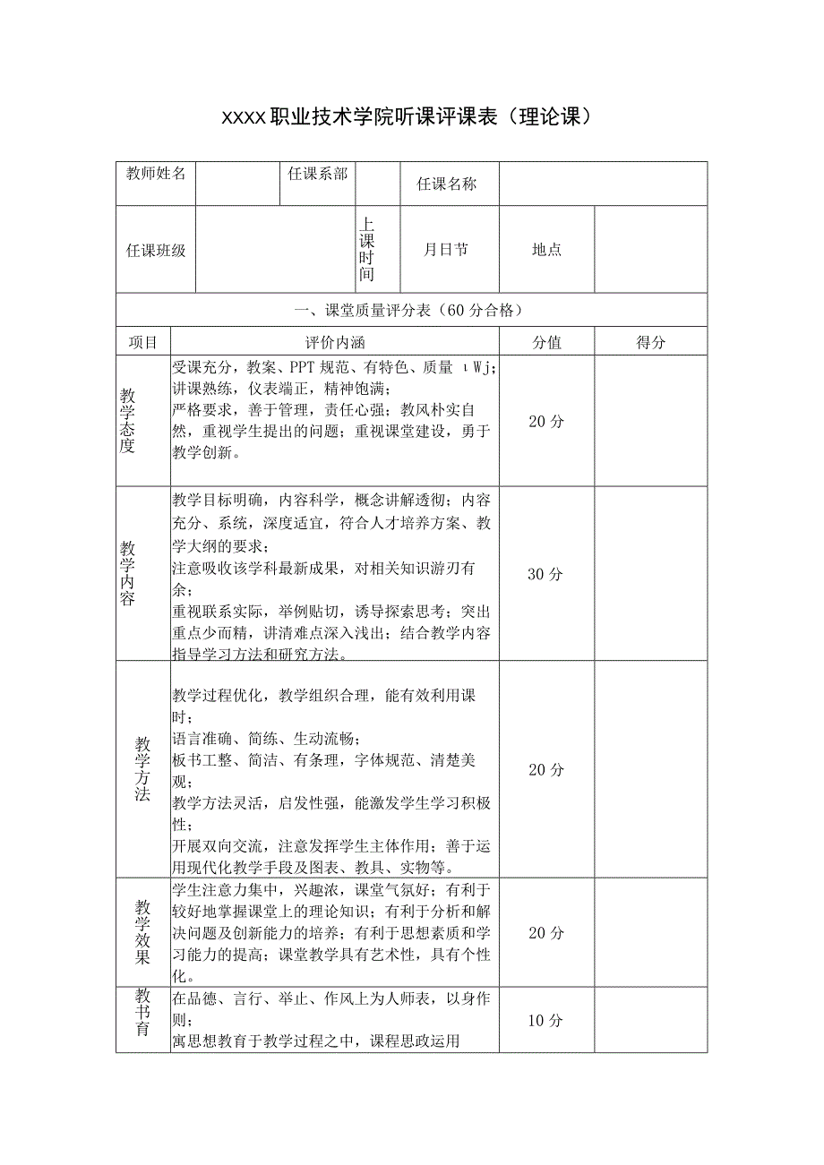 职业技术学院听课评课表（理论课）.docx_第1页