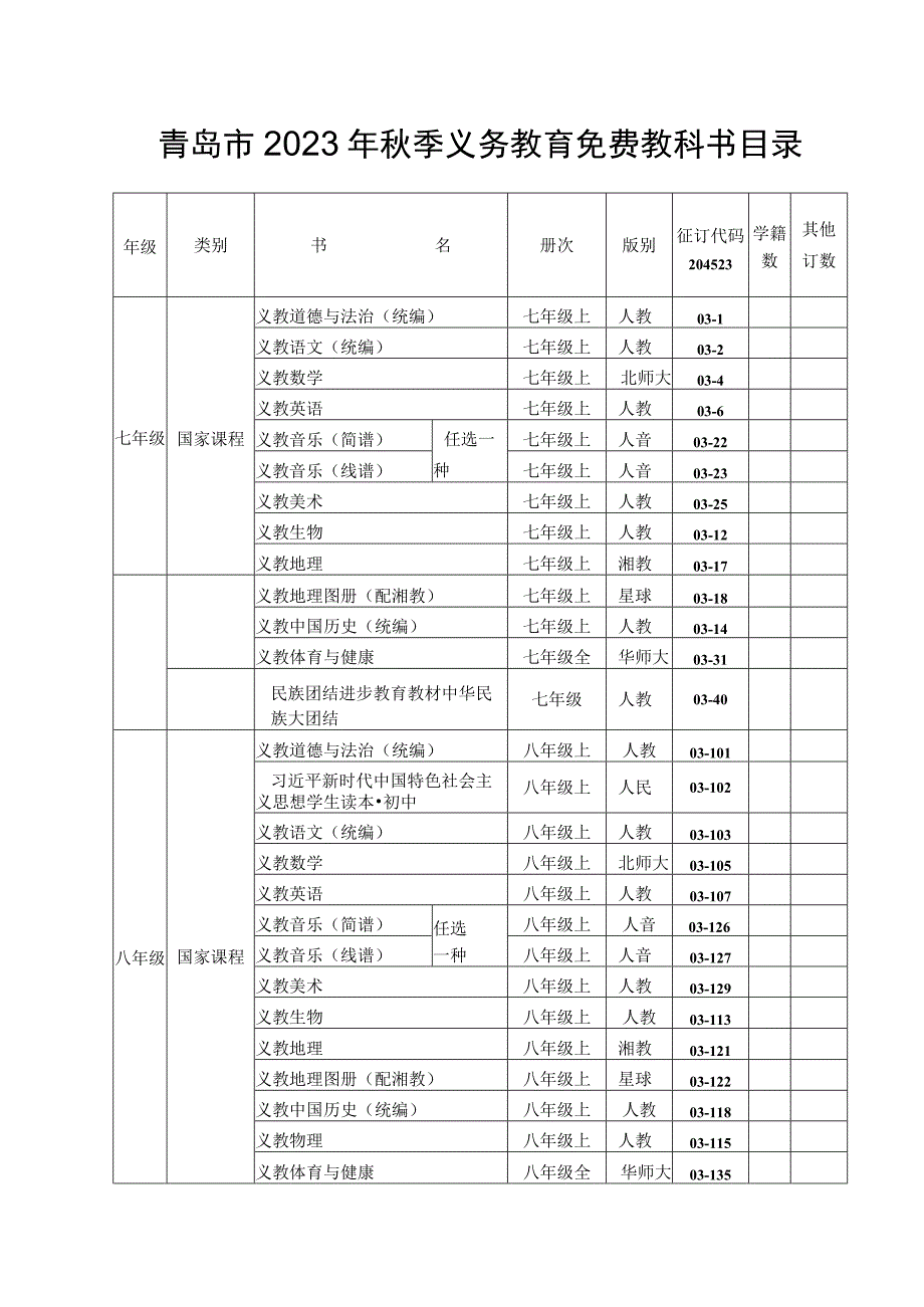 青岛市2023年秋季义务教育免费教科书目录.docx_第1页