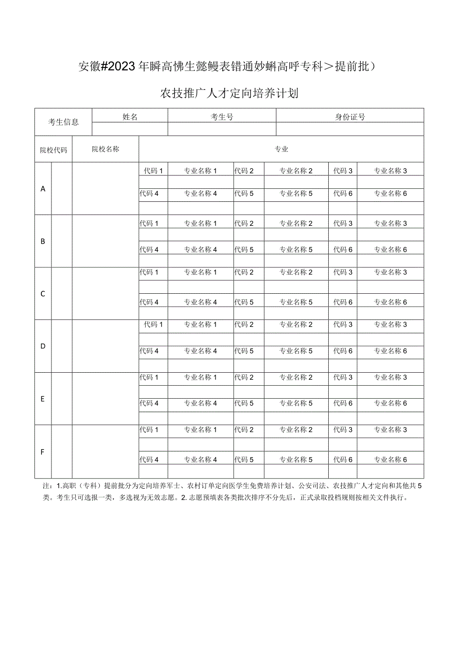 安徽省2023年普通高校招生志愿预填表（普通文理科高职《专科》提前批）--农技推广人才定向培养计划.docx_第1页