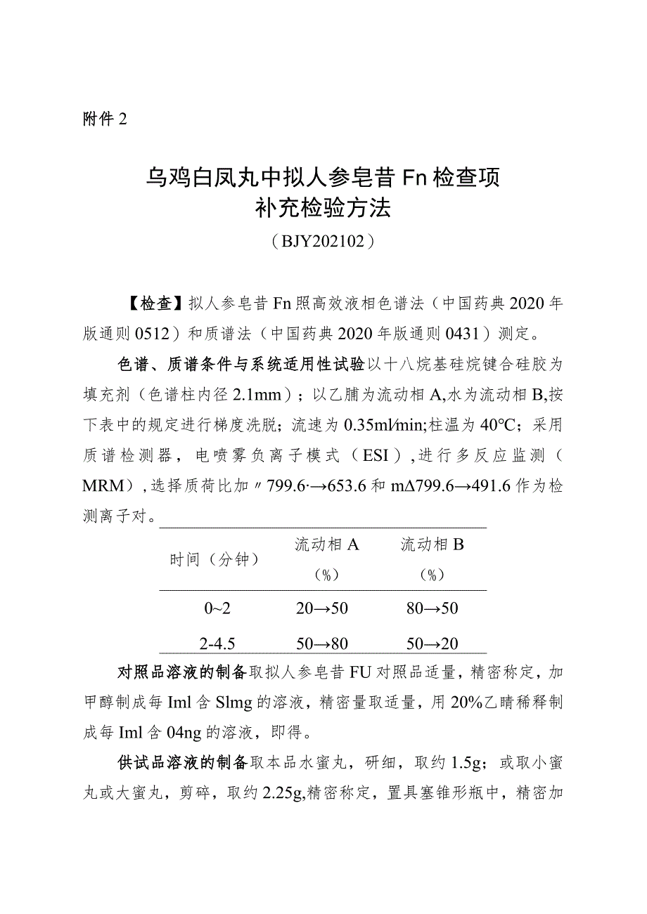 BJY 202102乌鸡白凤丸中拟人参皂苷F11检查项补充检验方法.docx_第1页