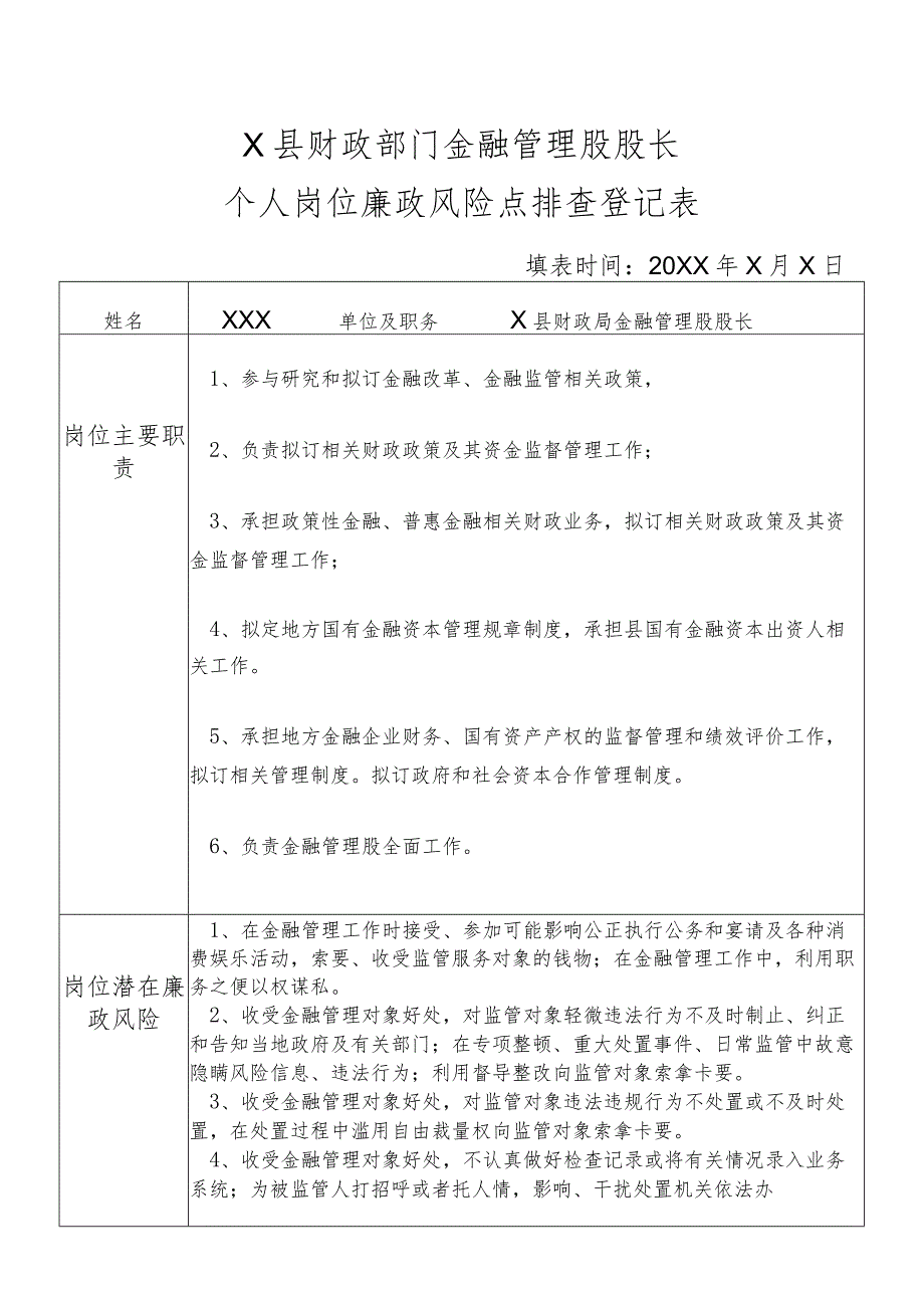 某县财政部门部门金融管理股股长个人岗位廉政风险点排查登记表.docx_第1页