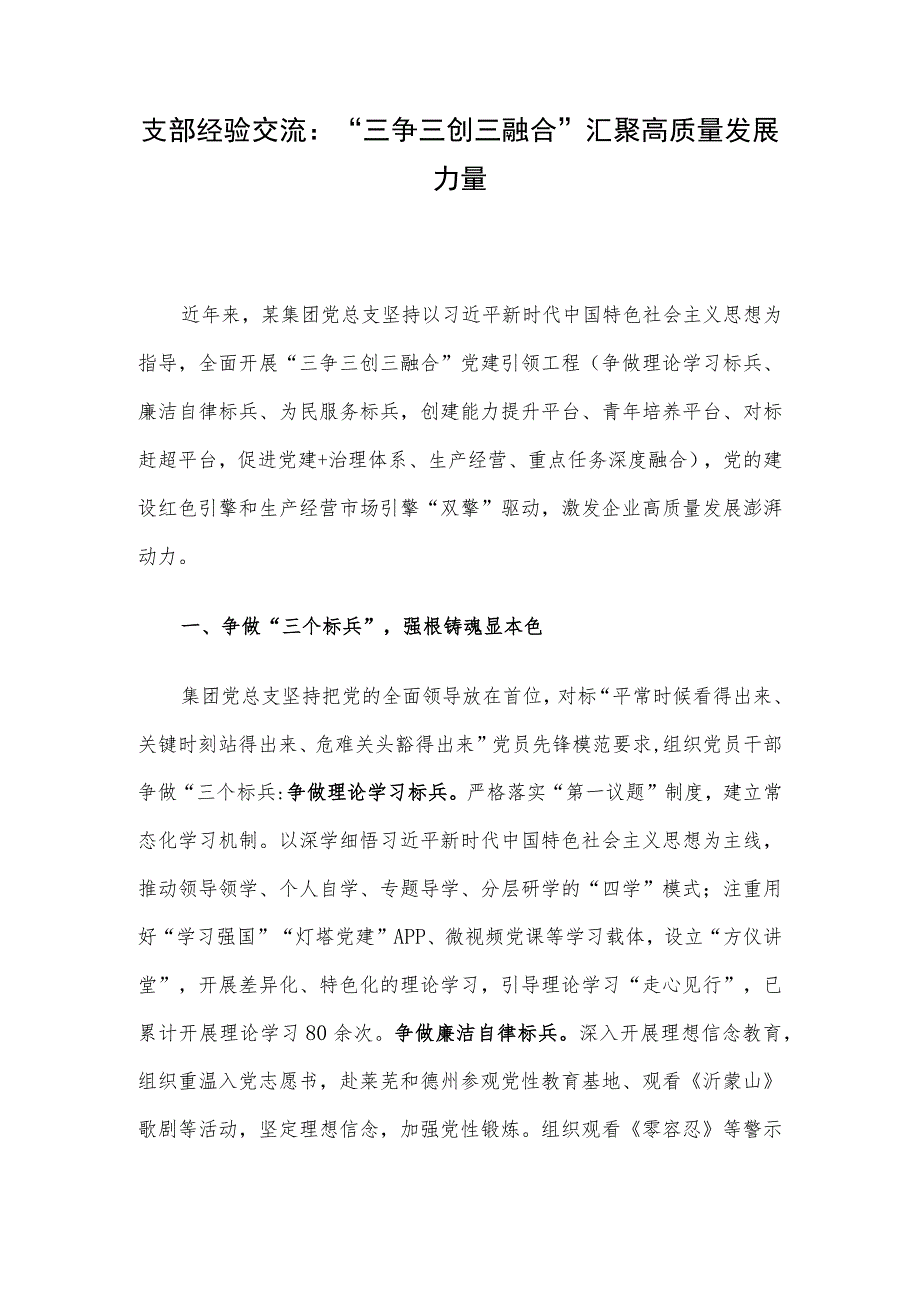 支部经验交流：“三争三创三融合” 汇聚高质量发展力量.docx_第1页