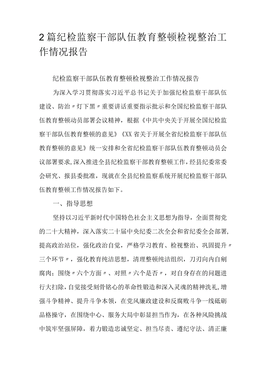 2篇纪检监察干部队伍教育整顿检视整治工作情况报告.docx_第1页