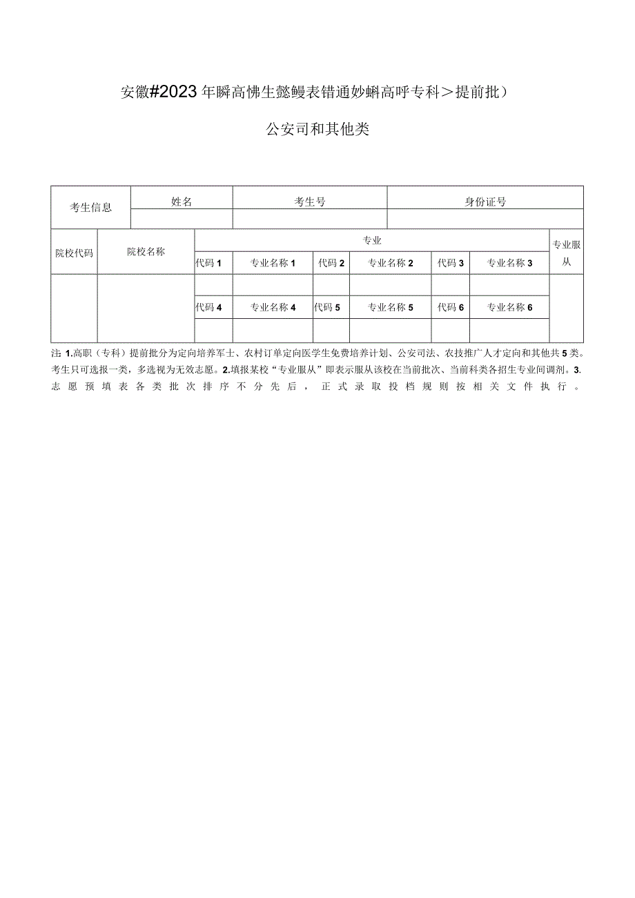 安徽省2023年普通高校招生志愿预填表（普通文理科高职《专科》提前批）--公安司法和其他类.docx_第1页