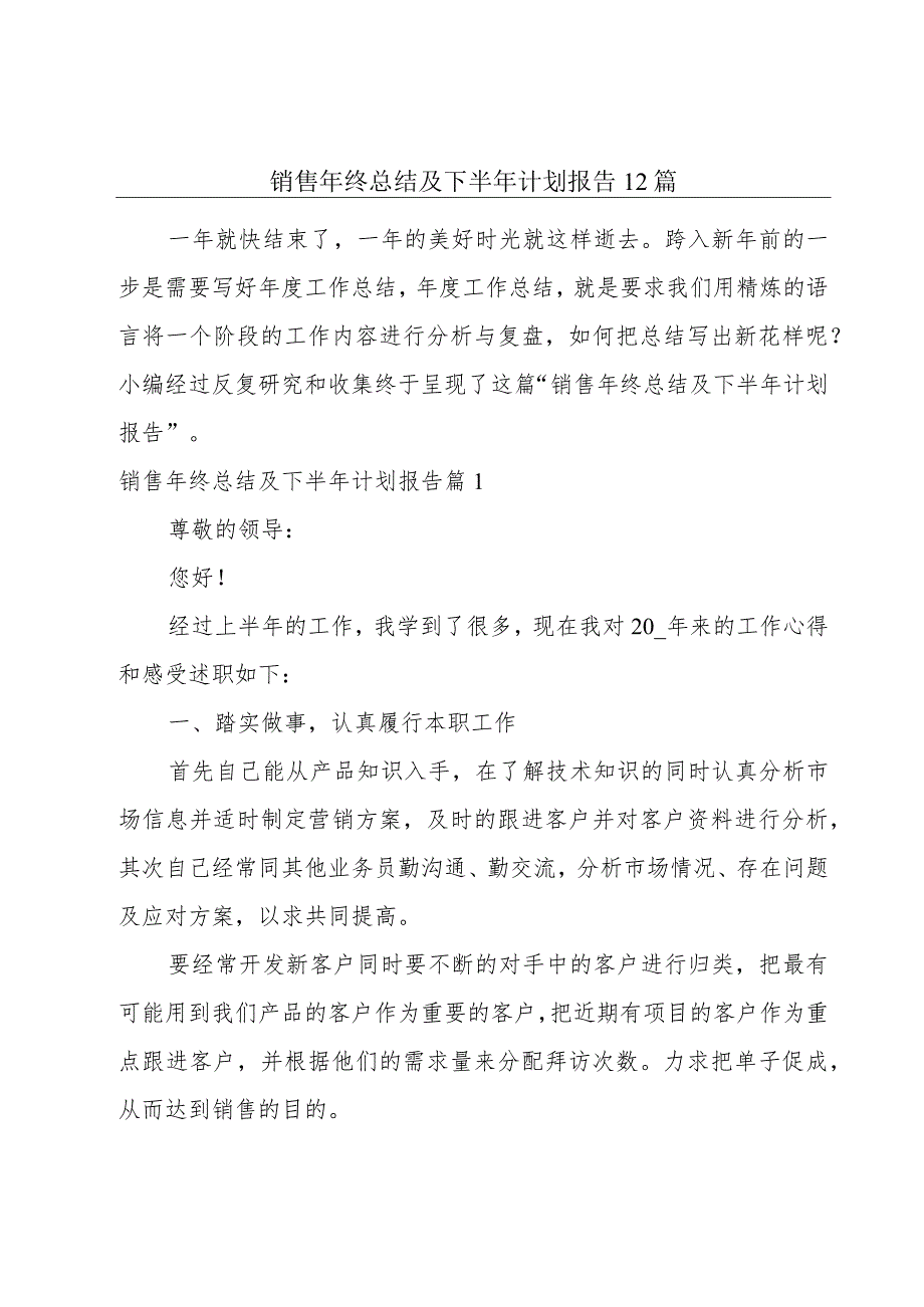 销售年终总结及下半年计划报告12篇.docx_第1页