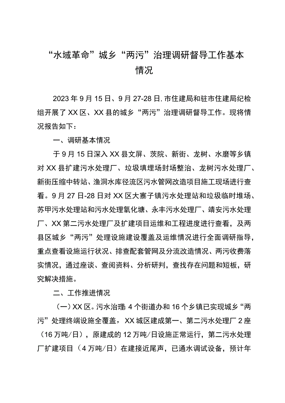 “水域革命”城乡“两污”治理调研督导工作情况报告.docx_第1页