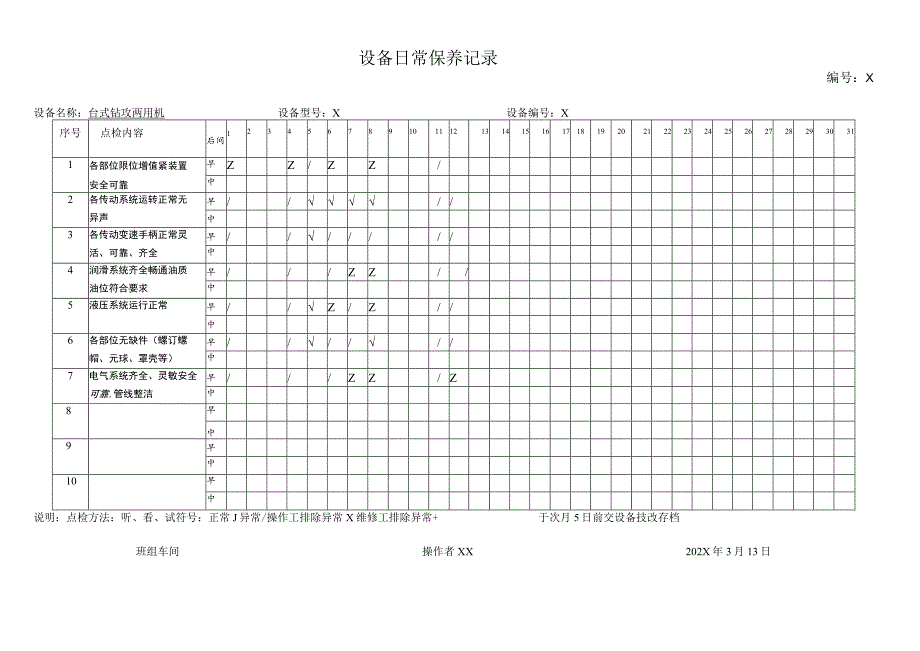 XX机电科技有限公司台式钻攻两用机设备日常保养记录(2023年).docx_第3页