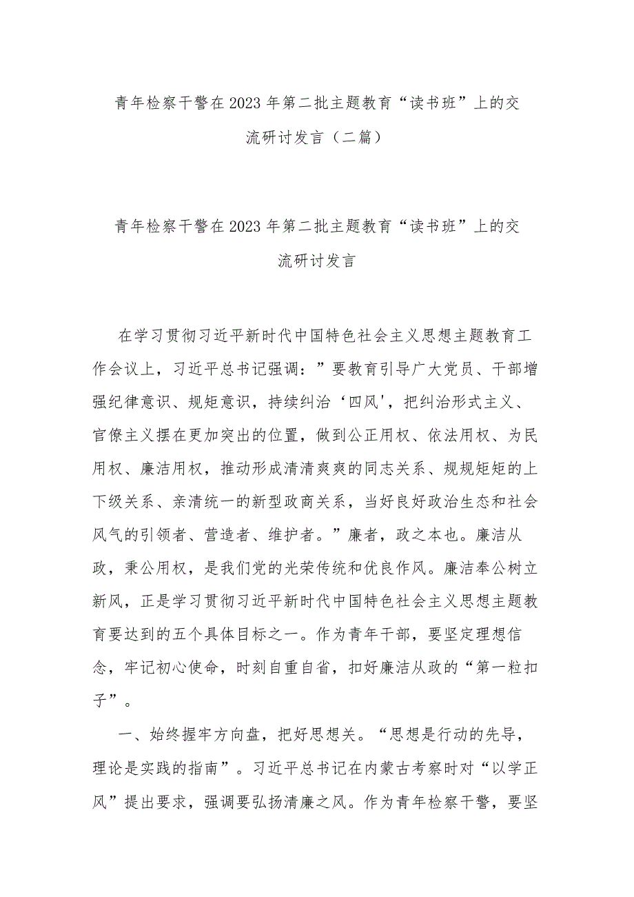 青年检察干警在2023年第二批主题教育“读书班”上的交流研讨发言(二篇).docx_第1页