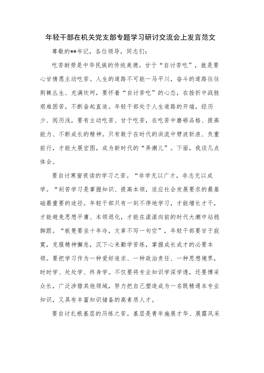 年轻干部在机关党支部专题学习研讨交流会上发言范文.docx_第1页