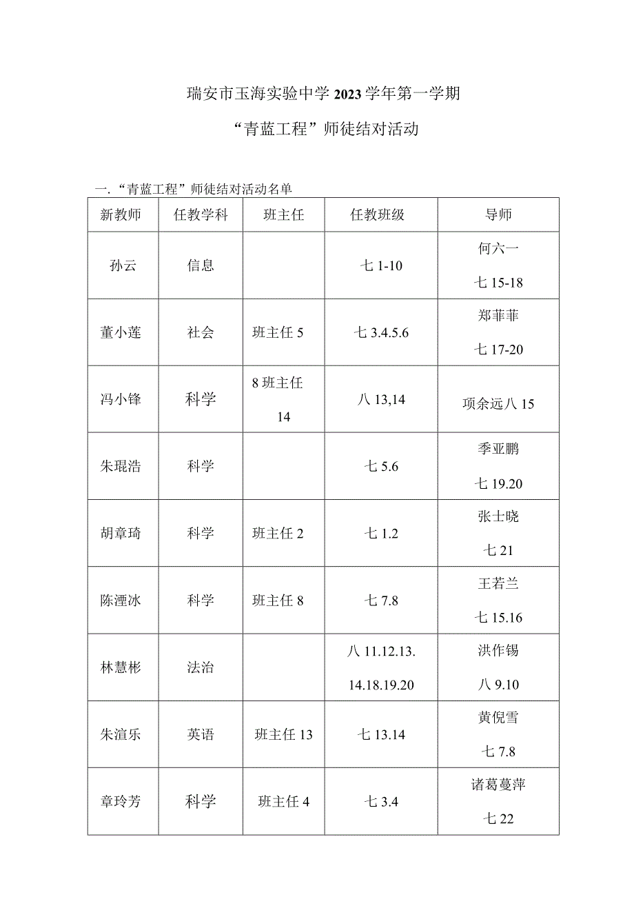 瑞安市玉海实验中学2023学年第一学期“青蓝工程”师徒结对活动.docx_第1页