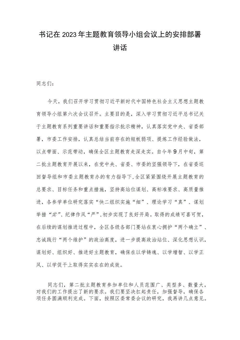 书记在2023年主题教育领导小组会议上的安排部署讲话.docx_第1页