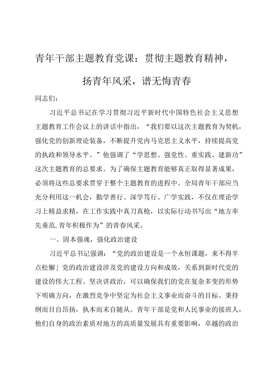 青年干部主题教育党课：贯彻主题教育精神扬青年风采谱无悔青春.docx_第1页