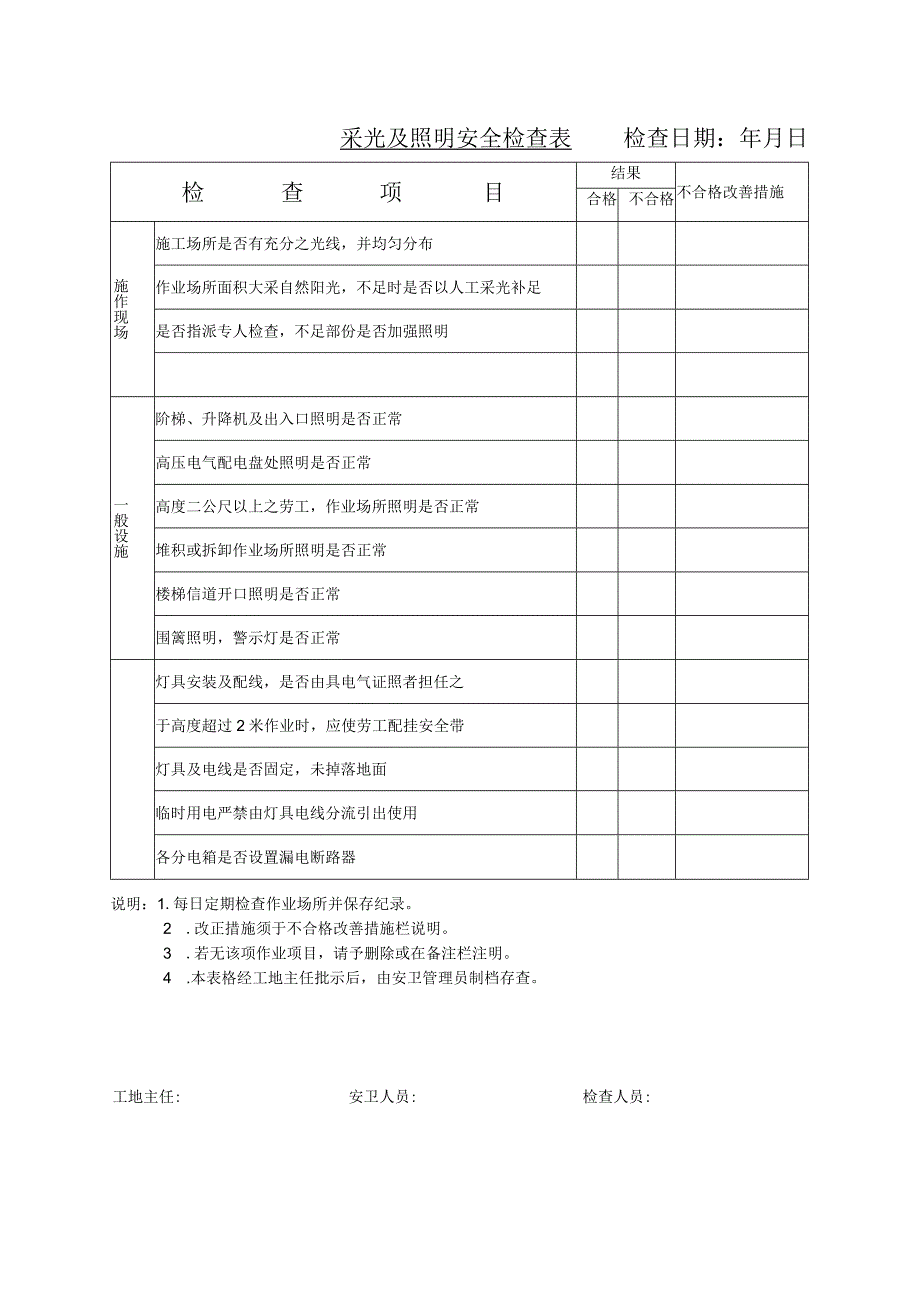 采光及照明安全检查表检查日期年月日.docx_第1页